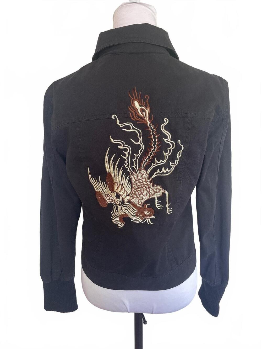 Embroidered Phoenix Black Moto Jacket S Y2K Streetwear Tattoo Grunge Indie